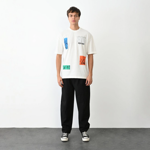 Bisiklet Yaka Baskılı Oversize T-Shirt - Beyaz -