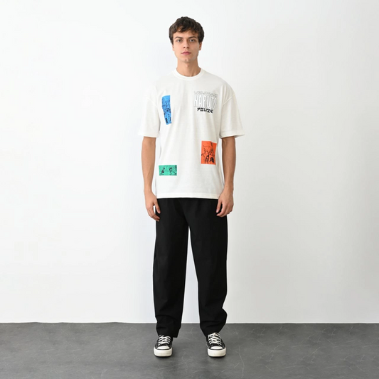 Bisiklet Yaka Baskılı Oversize T-Shirt - Beyaz -