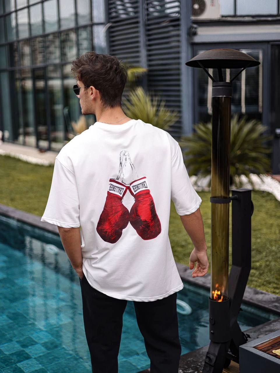 Bisiklet Yaka Baskılı Oversize T-Shirt - Beyaz -