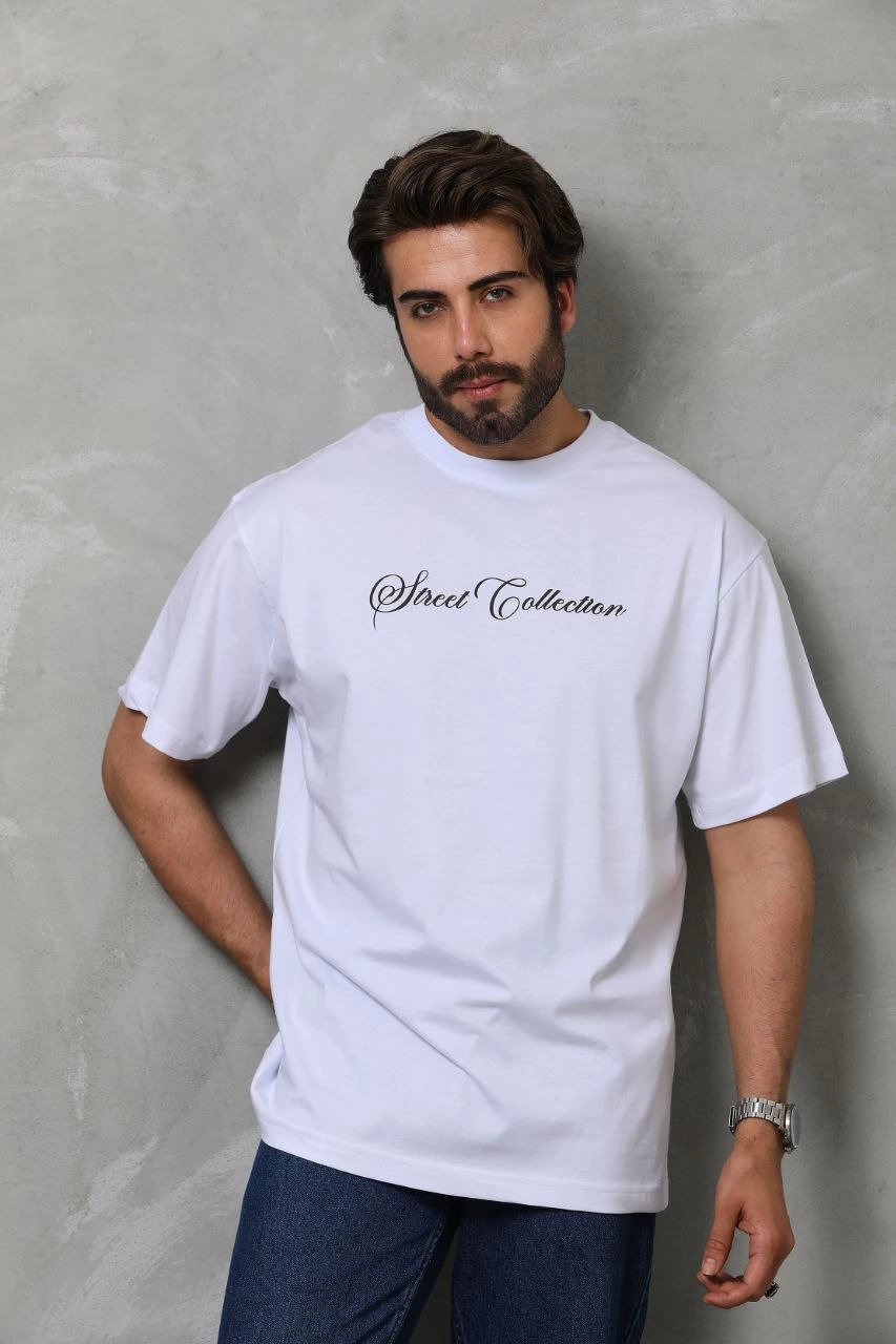 Bisiklet Yaka Baskılı Oversize T-Shirt - Beyaz