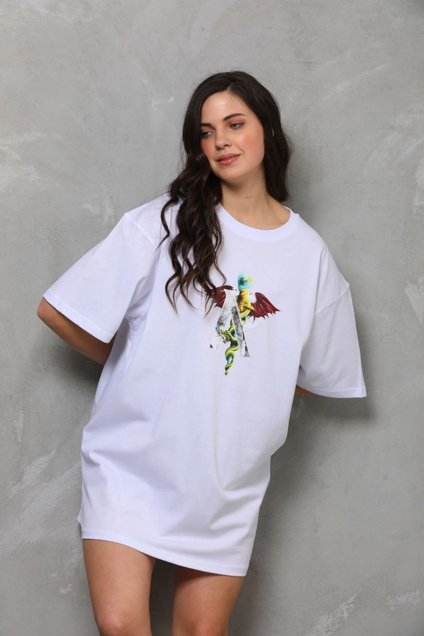 Bisiklet Yaka Baskılı Oversize T-Shirt - Beyaz -
