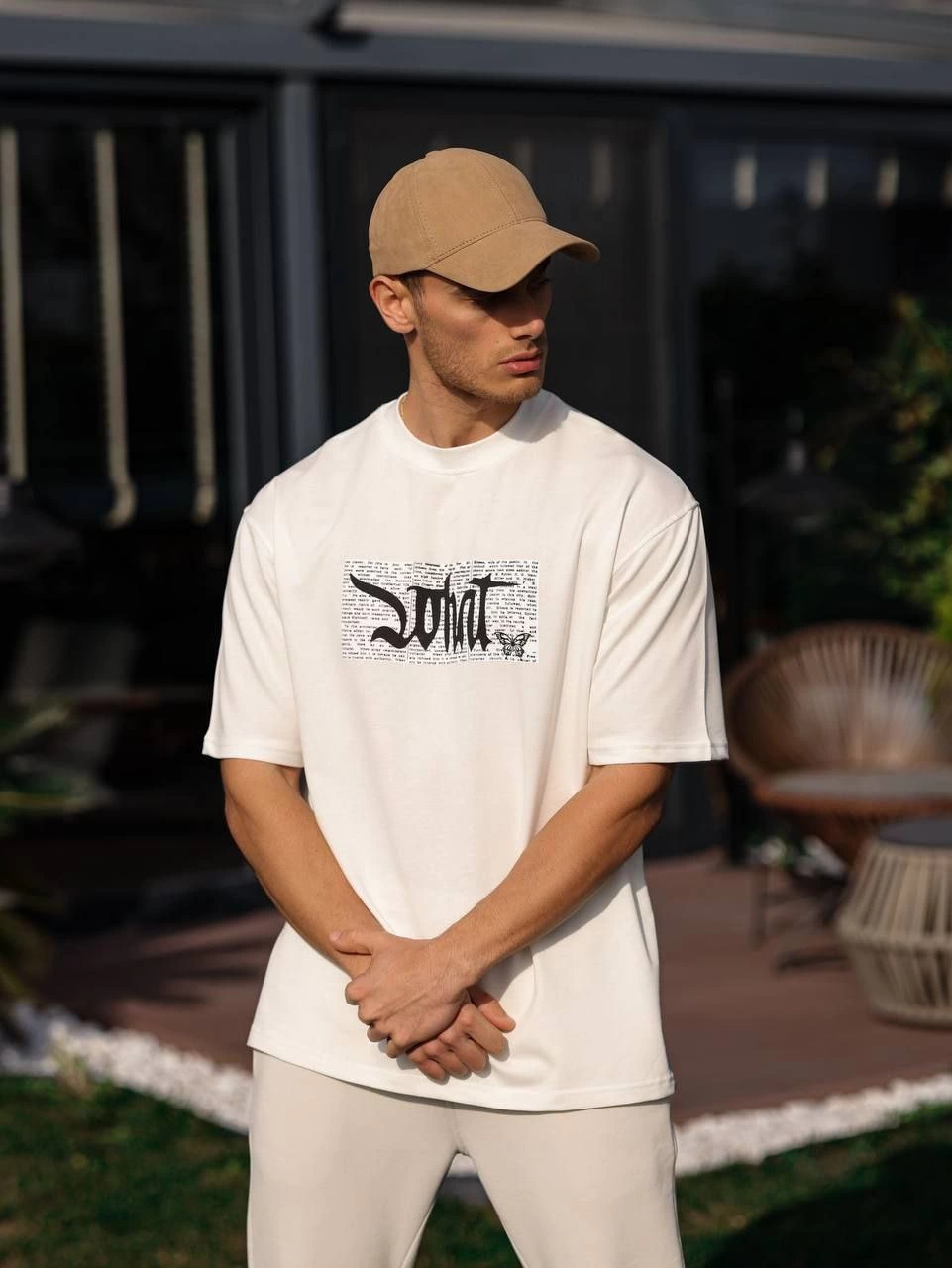 Bisiklet Yaka Baskılı Oversize T-Shirt - Beyaz -