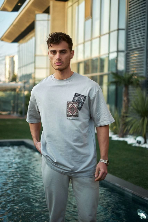 Bisiklet Yaka Baskılı Oversize T-Shirt - Boyalı Gri -