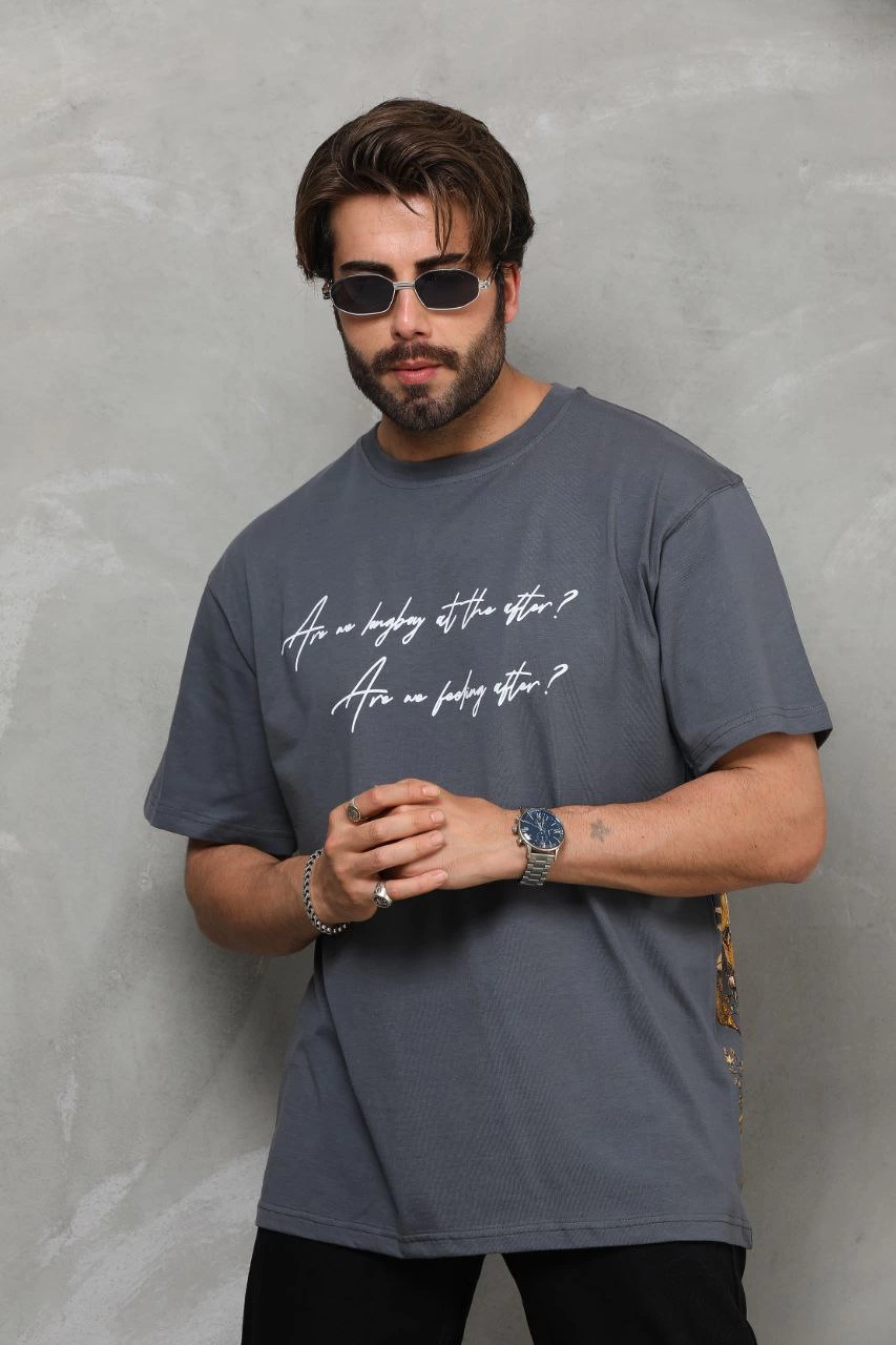 Bisiklet Yaka Baskılı Oversize T-Shirt - Füme