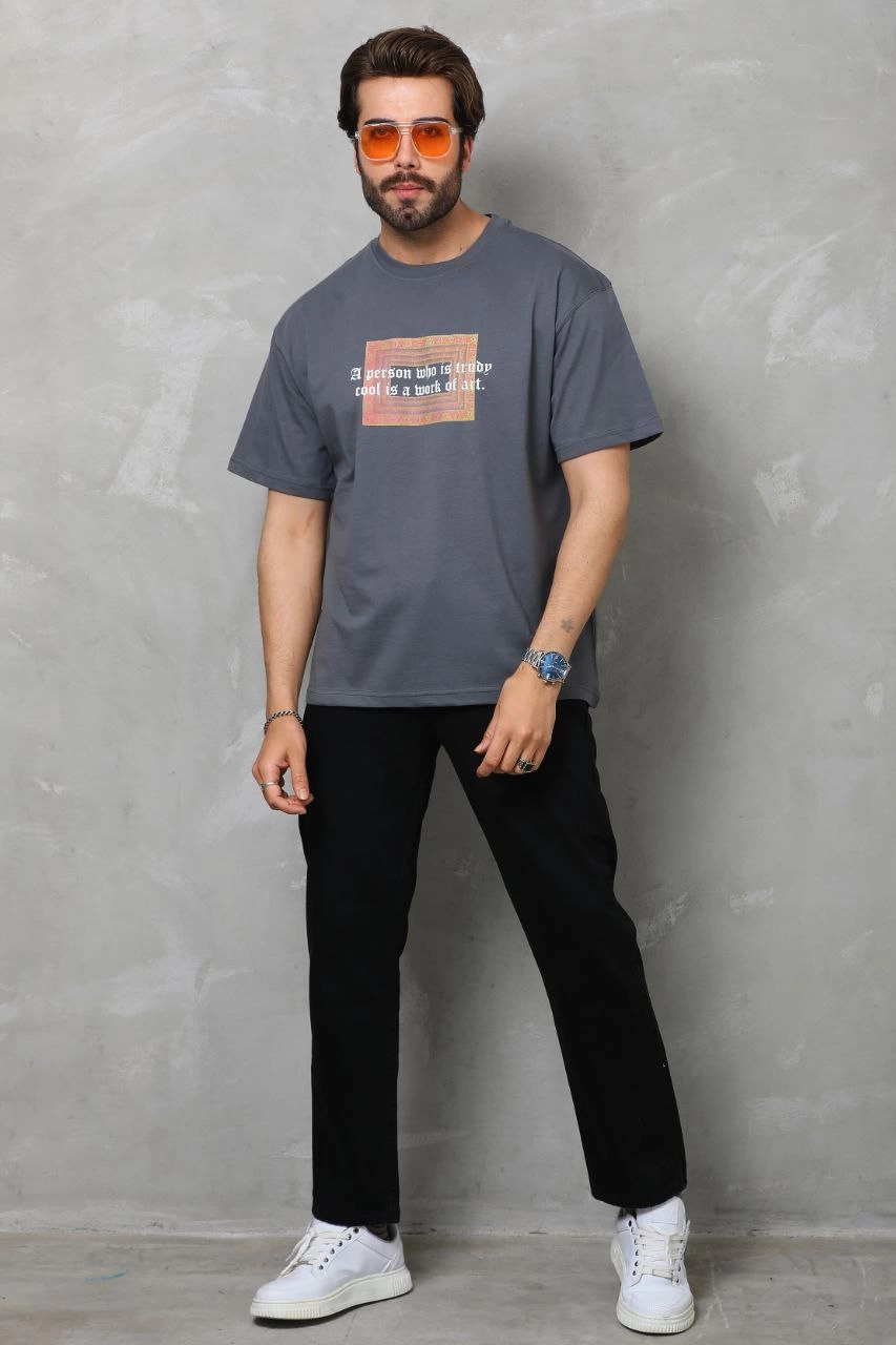 Bisiklet Yaka Baskılı Oversize T-Shirt - Füme -