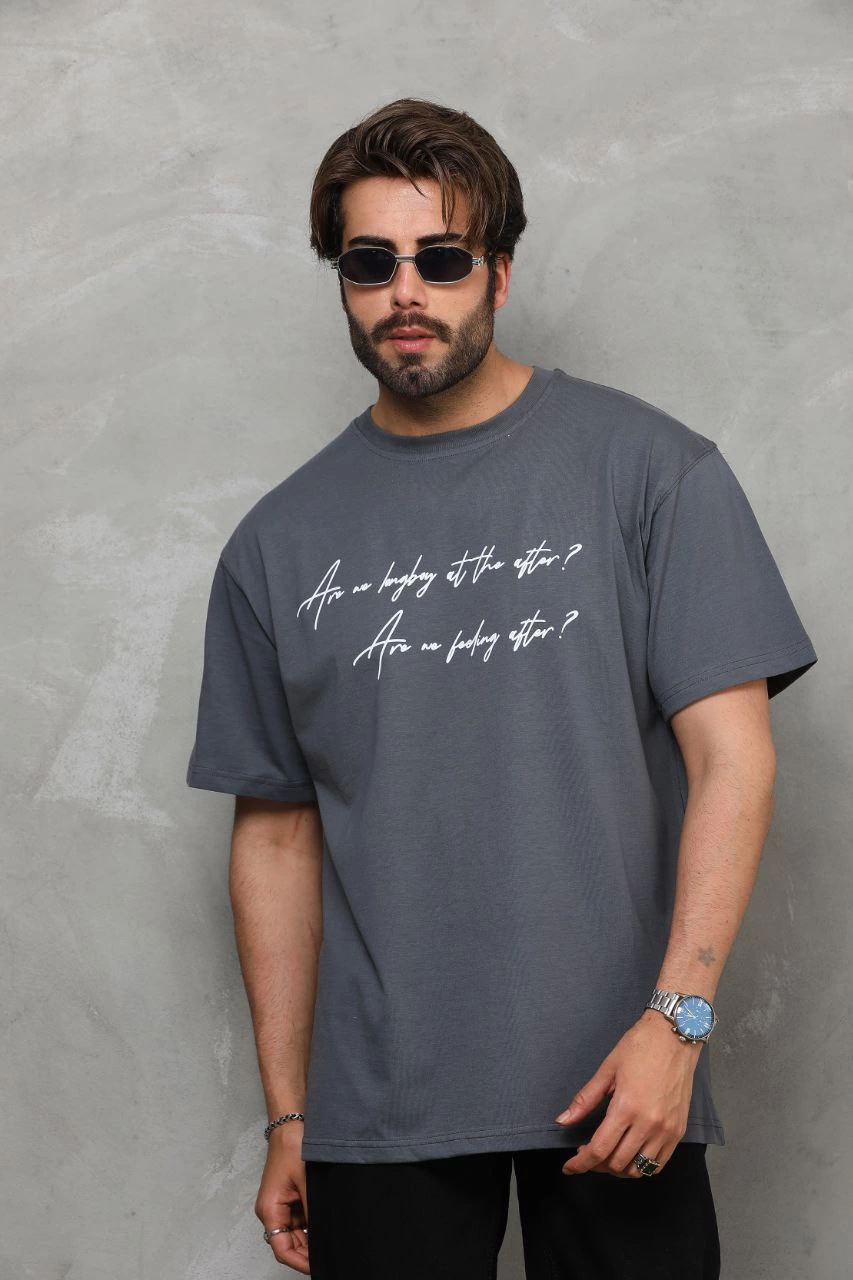 Bisiklet Yaka Baskılı Oversize T-Shirt - Füme