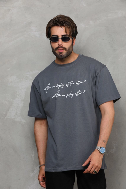 Bisiklet Yaka Baskılı Oversize T-Shirt - Füme