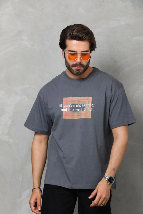 Bisiklet Yaka Baskılı Oversize T-Shirt - Füme -