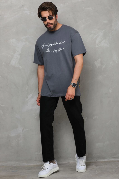 Bisiklet Yaka Baskılı Oversize T-Shirt - Füme