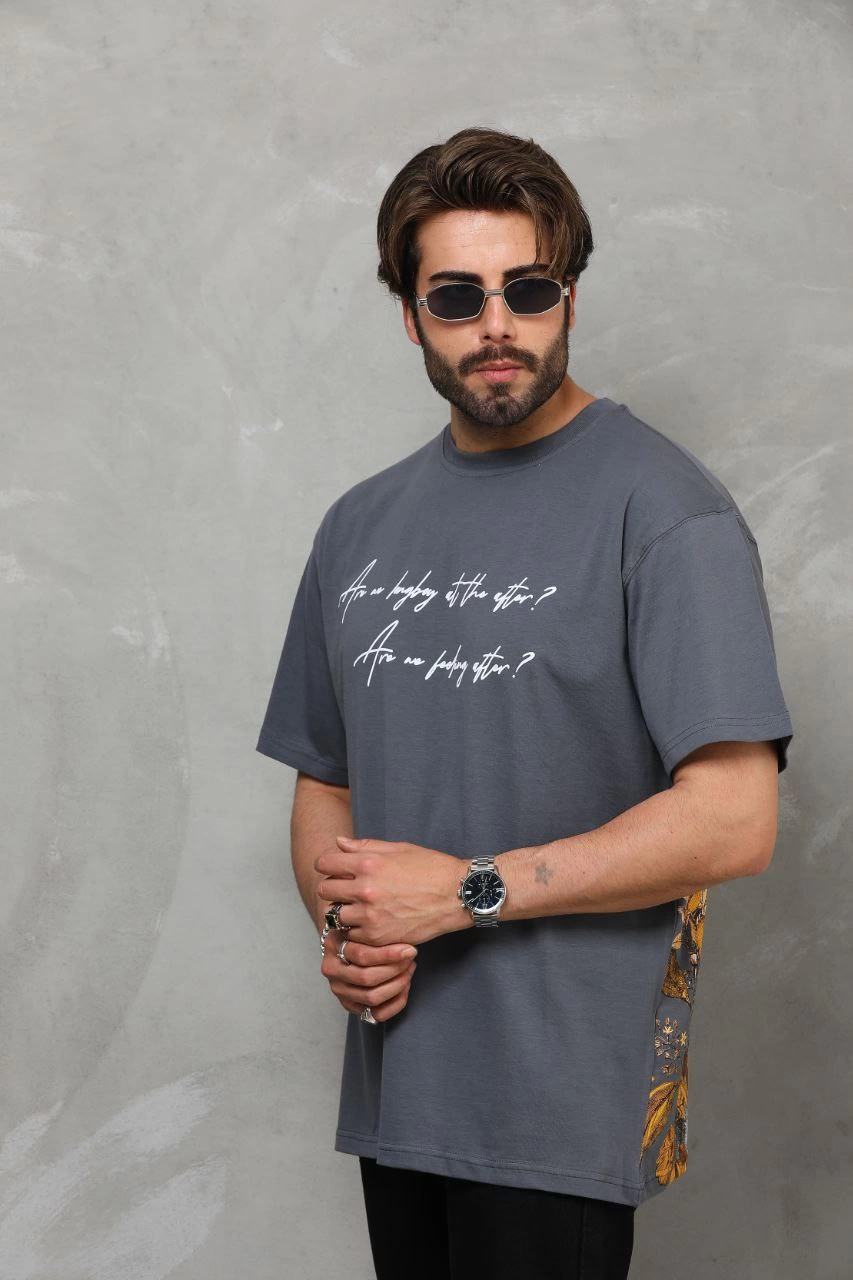 Bisiklet Yaka Baskılı Oversize T-Shirt - Füme