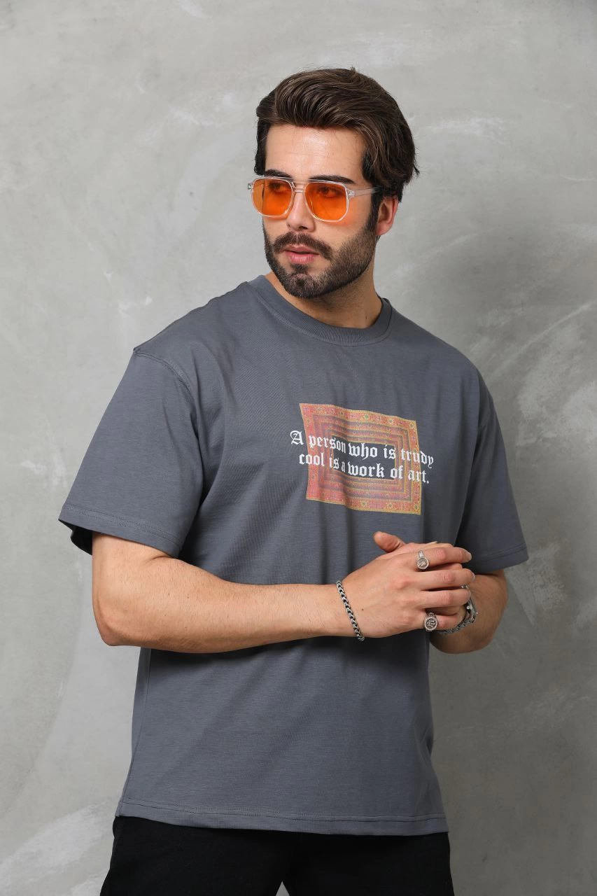 Bisiklet Yaka Baskılı Oversize T-Shirt - Füme -