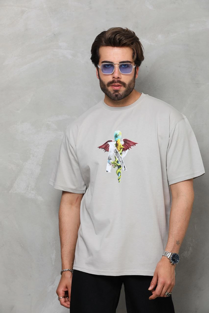 Bisiklet Yaka Baskılı Oversize T-Shirt - Gri -