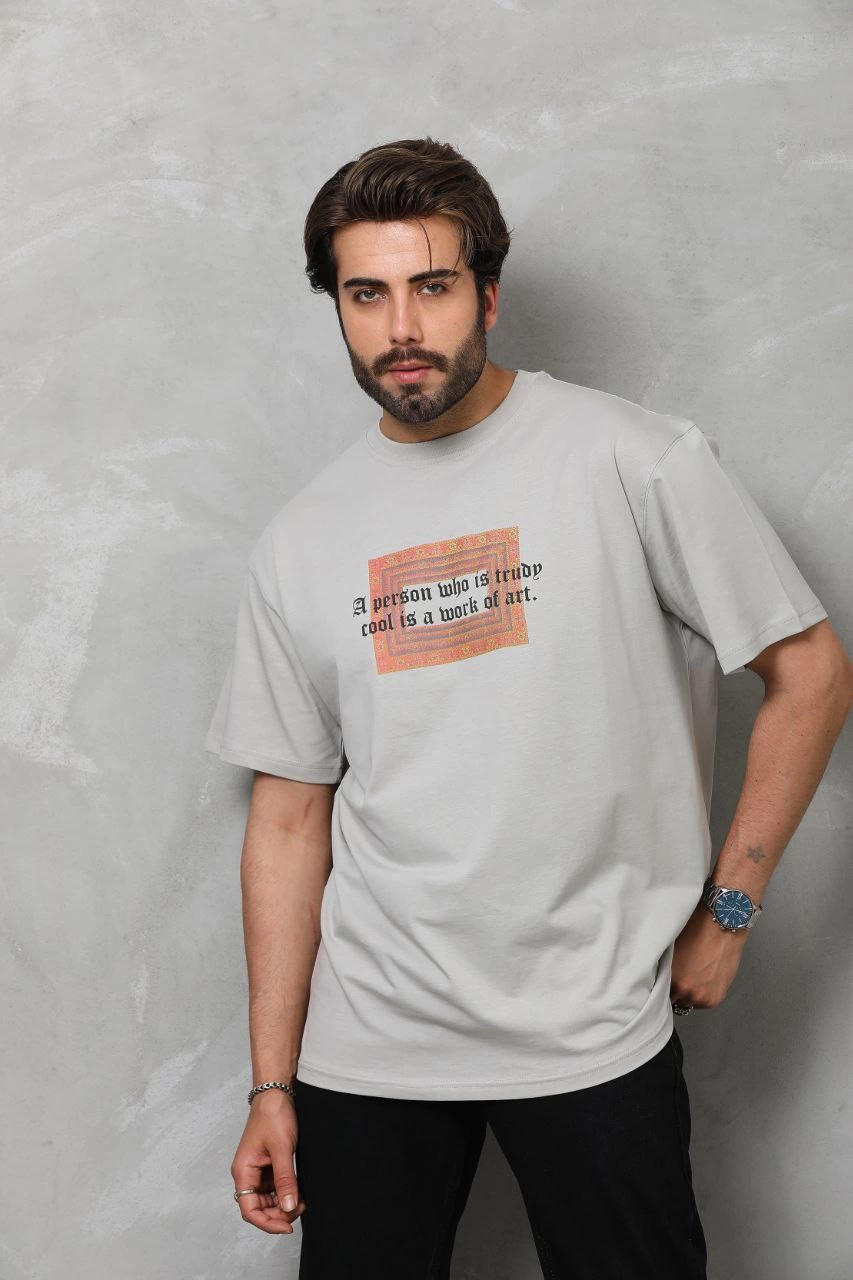 Bisiklet Yaka Baskılı Oversize T-Shirt - Gri -