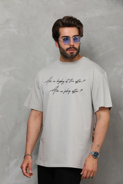 Bisiklet Yaka Baskılı Oversize T-Shirt - Gri