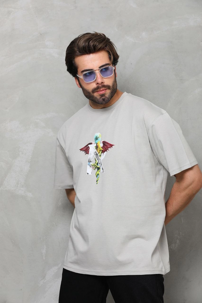 Bisiklet Yaka Baskılı Oversize T-Shirt - Gri -