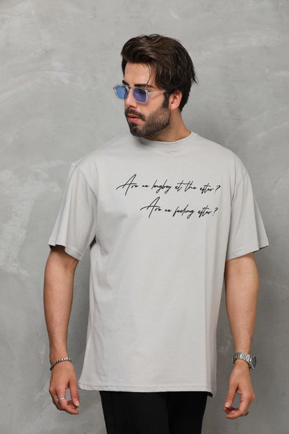 Bisiklet Yaka Baskılı Oversize T-Shirt - Gri