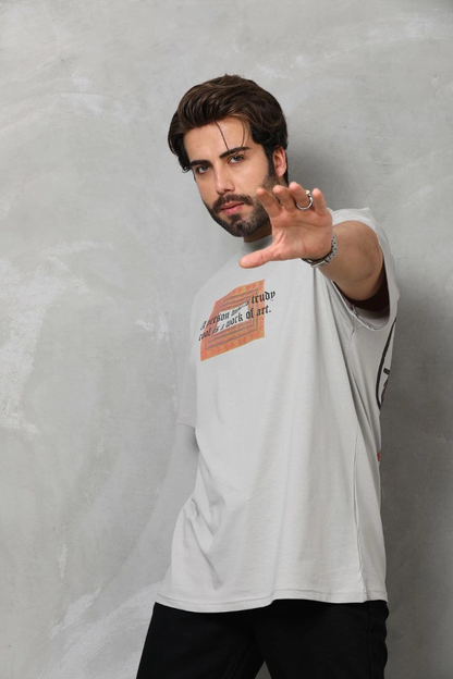 Bisiklet Yaka Baskılı Oversize T-Shirt - Gri -