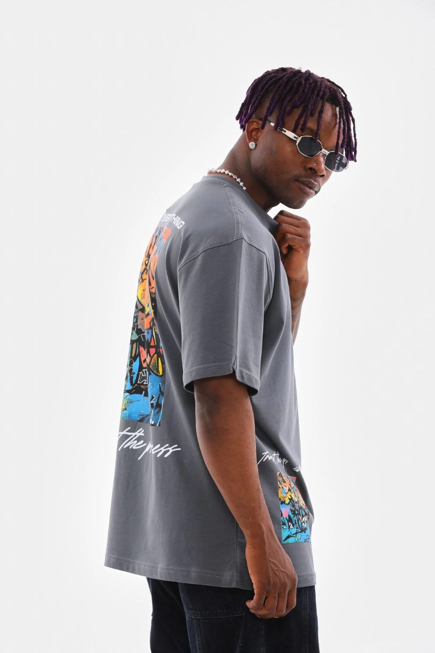 Bisiklet Yaka Baskılı Oversize T-Shirt - Gri -
