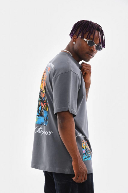 Bisiklet Yaka Baskılı Oversize T-Shirt - Gri -