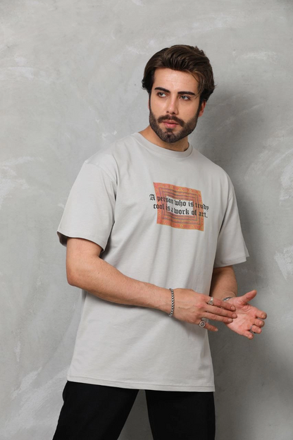 Bisiklet Yaka Baskılı Oversize T-Shirt - Gri -