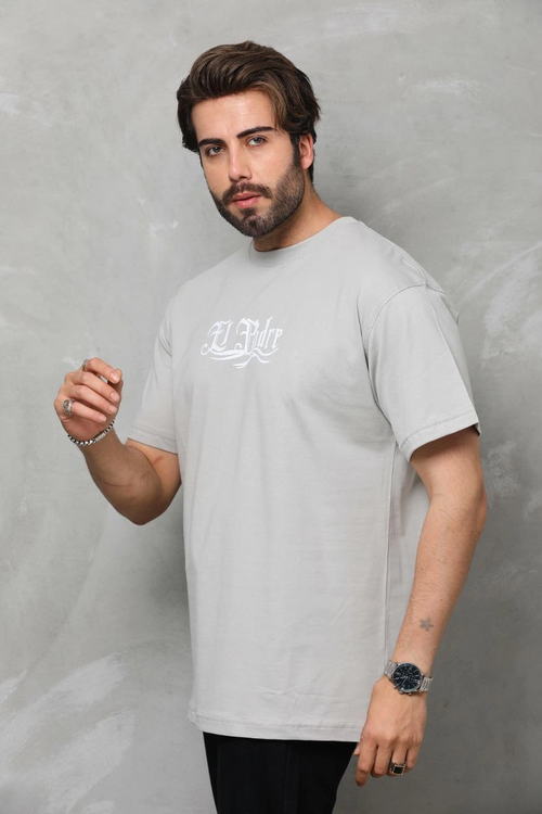 Bisiklet Yaka Baskılı Oversize T-Shirt - Gri -