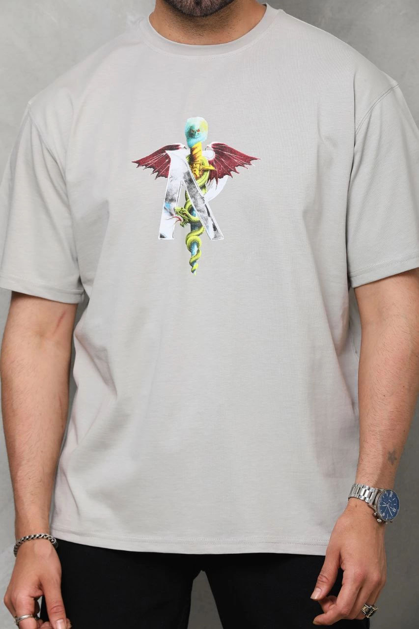Bisiklet Yaka Baskılı Oversize T-Shirt - Gri -