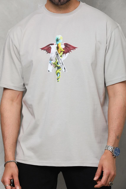 Bisiklet Yaka Baskılı Oversize T-Shirt - Gri -