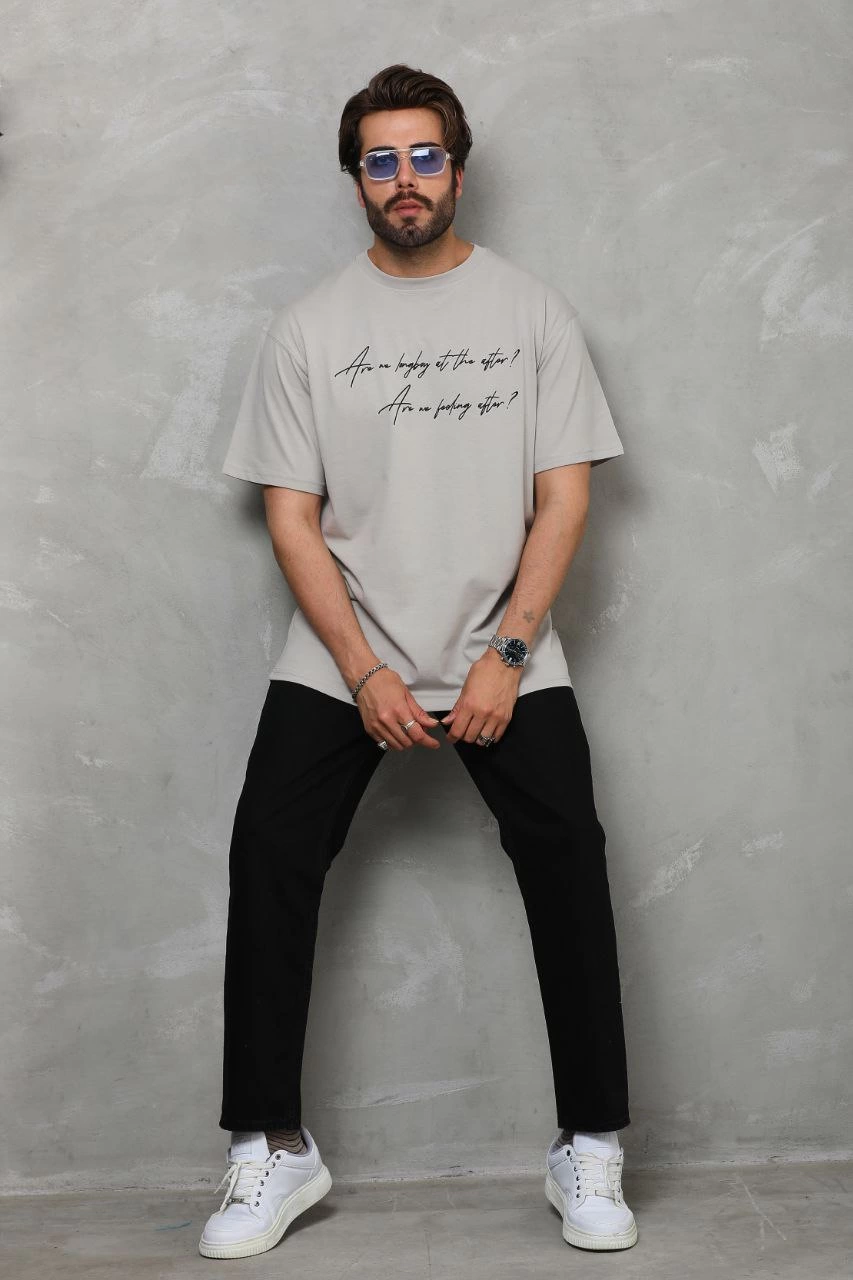Bisiklet Yaka Baskılı Oversize T-Shirt - Gri