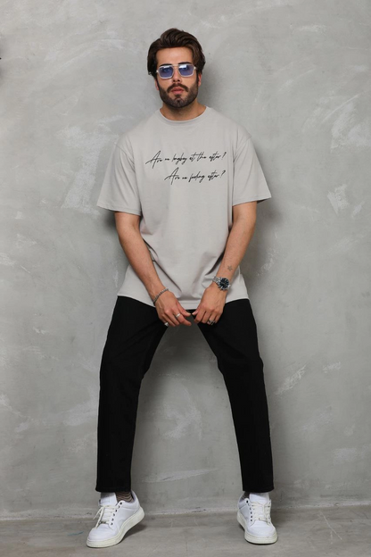 Bisiklet Yaka Baskılı Oversize T-Shirt - Gri