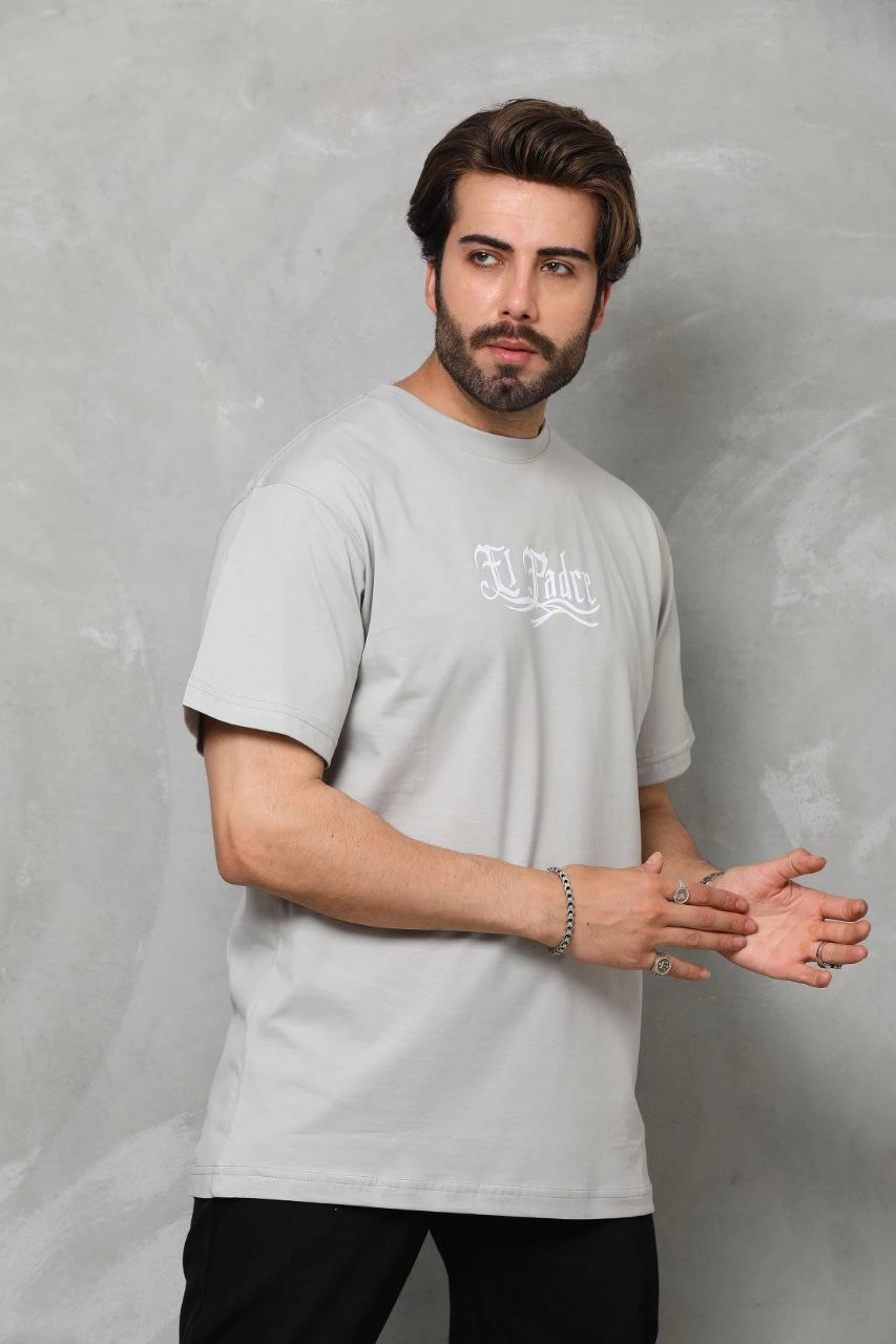 Bisiklet Yaka Baskılı Oversize T-Shirt - Gri -