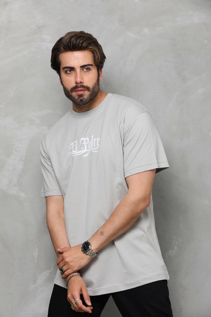 Bisiklet Yaka Baskılı Oversize T-Shirt - Gri -