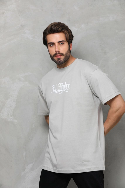 Bisiklet Yaka Baskılı Oversize T-Shirt - Gri -