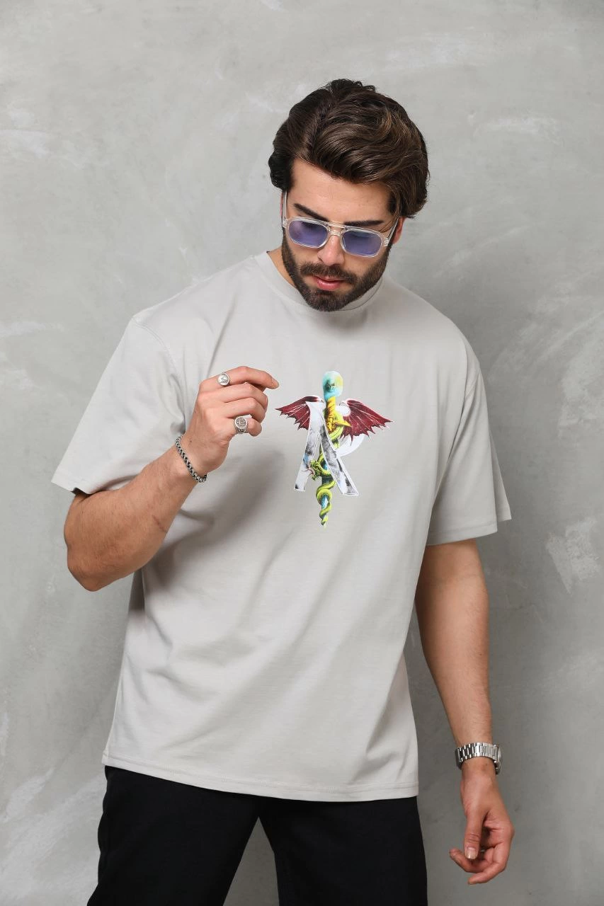Bisiklet Yaka Baskılı Oversize T-Shirt - Gri -