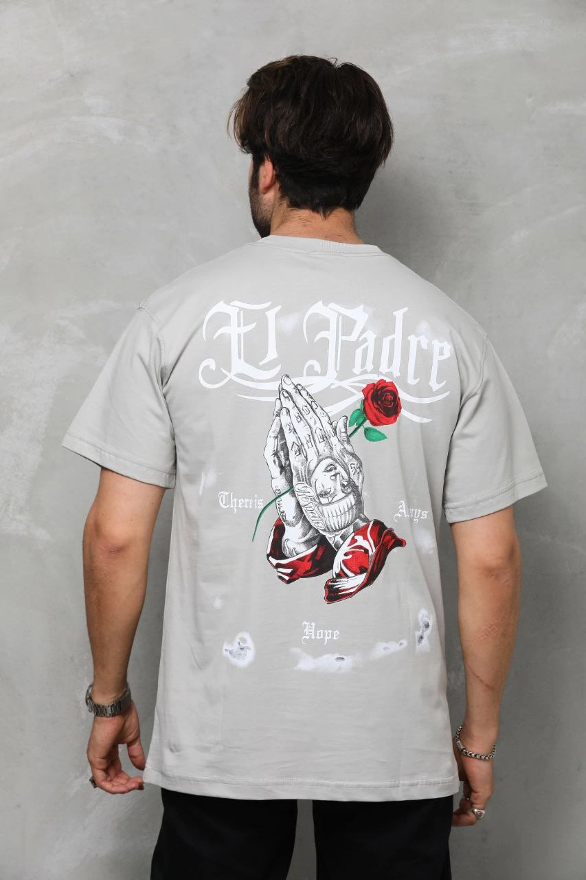 Bisiklet Yaka Baskılı Oversize T-Shirt - Gri -