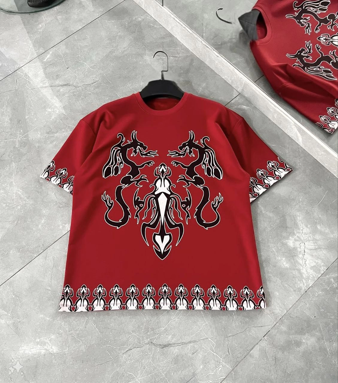 Bisiklet Yaka Baskılı Oversize T-Shirt - Kırmızı -