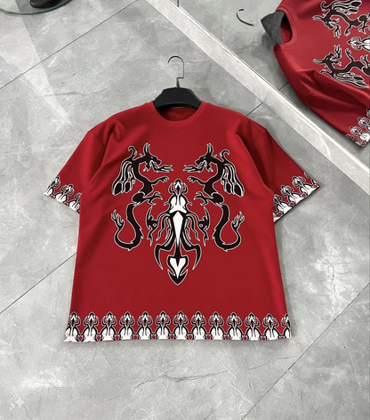 Bisiklet Yaka Baskılı Oversize T-Shirt - Kırmızı -