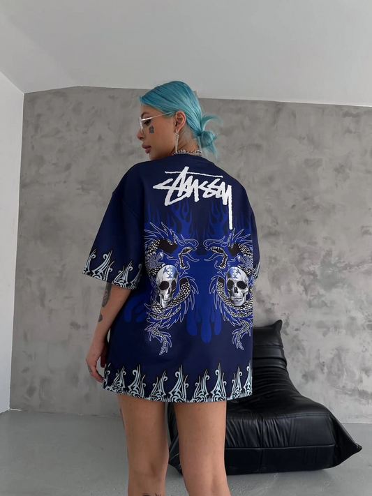 Bisiklet Yaka Baskılı Oversize T-Shirt - Lacivert -