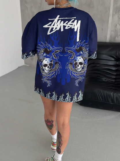 Bisiklet Yaka Baskılı Oversize T-Shirt - Lacivert -