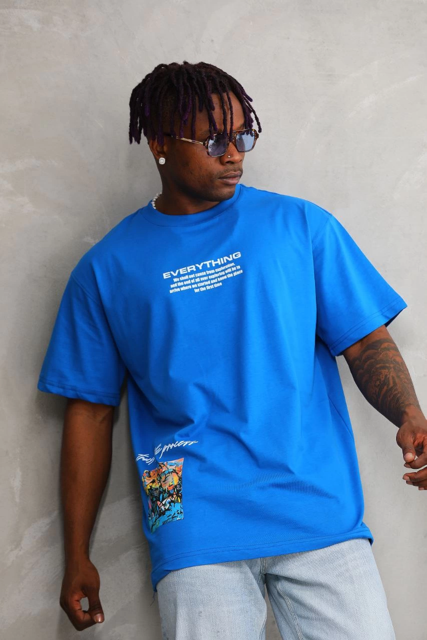 Bisiklet Yaka Baskılı Oversize T-Shirt - Mavi -