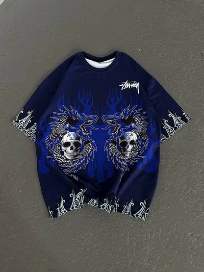 Bisiklet Yaka Baskılı Oversize T-Shirt - Lacivert -