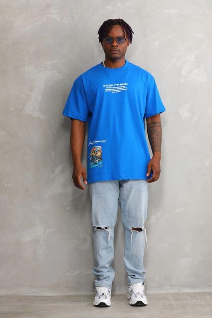 Bisiklet Yaka Baskılı Oversize T-Shirt - Mavi -