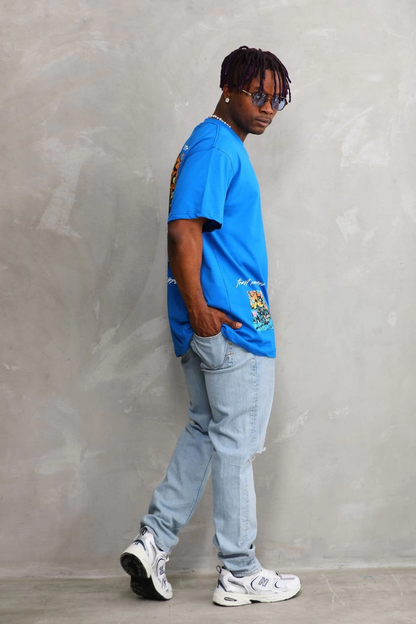 Bisiklet Yaka Baskılı Oversize T-Shirt - Mavi -