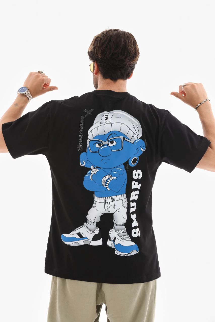 Bisiklet Yaka Baskılı Oversize T-Shirt - Siyah -
