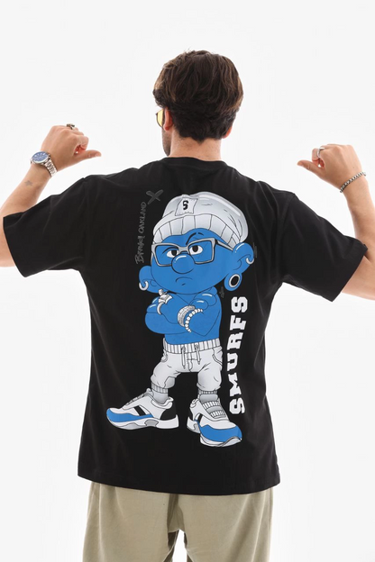Bisiklet Yaka Baskılı Oversize T-Shirt - Siyah -