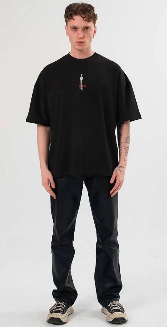 Bisiklet Yaka Baskılı Oversize T-Shirt - Siyah -