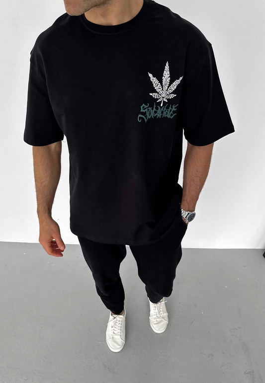 Bisiklet Yaka Baskılı Oversize T-Shirt - Siyah -