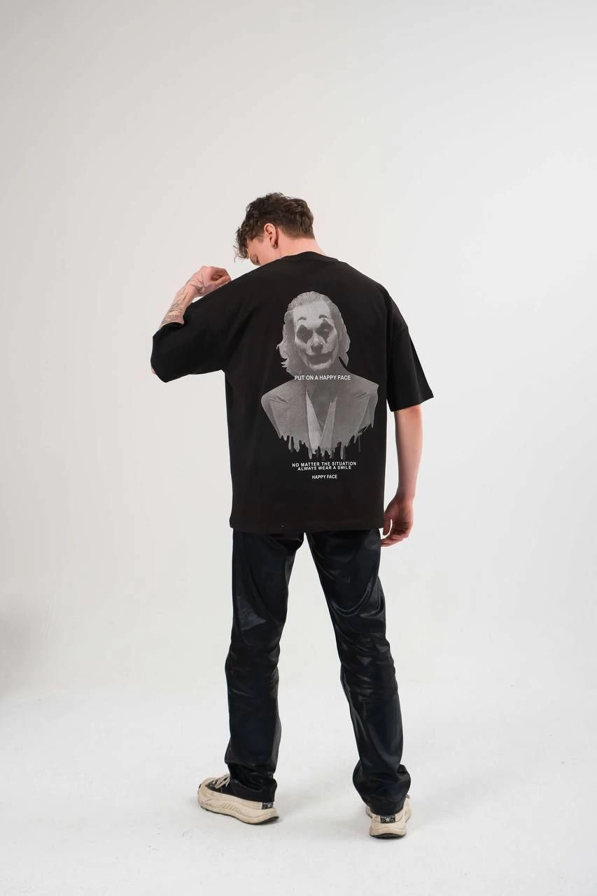 Bisiklet Yaka Baskılı Oversize T-Shirt - Siyah -