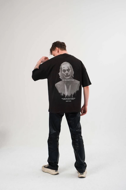 Bisiklet Yaka Baskılı Oversize T-Shirt - Siyah -