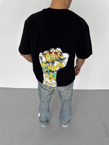 Bisiklet Yaka Baskılı Oversize T-Shirt - Siyah -