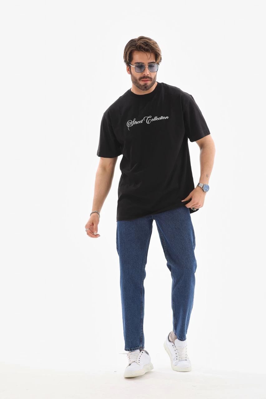 Bisiklet Yaka Baskılı Oversize T-Shirt - Siyah
